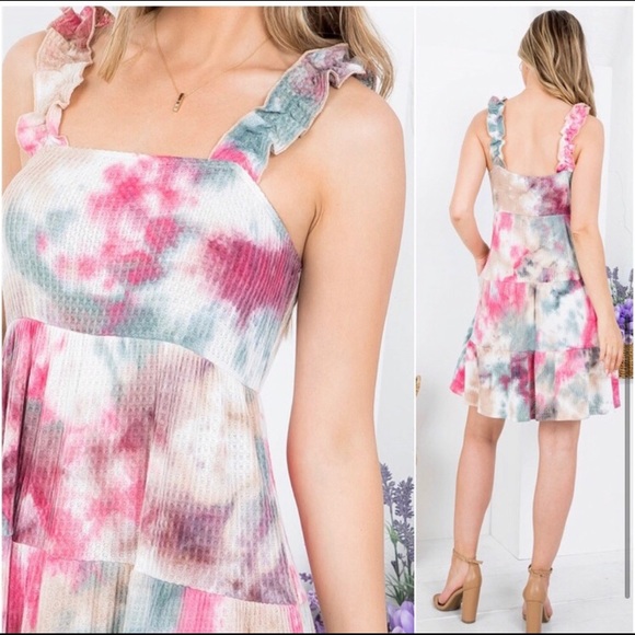 Tie dye women’s light waffle knit gorgeous ruffle strap summer dress - Picture 3 of 3